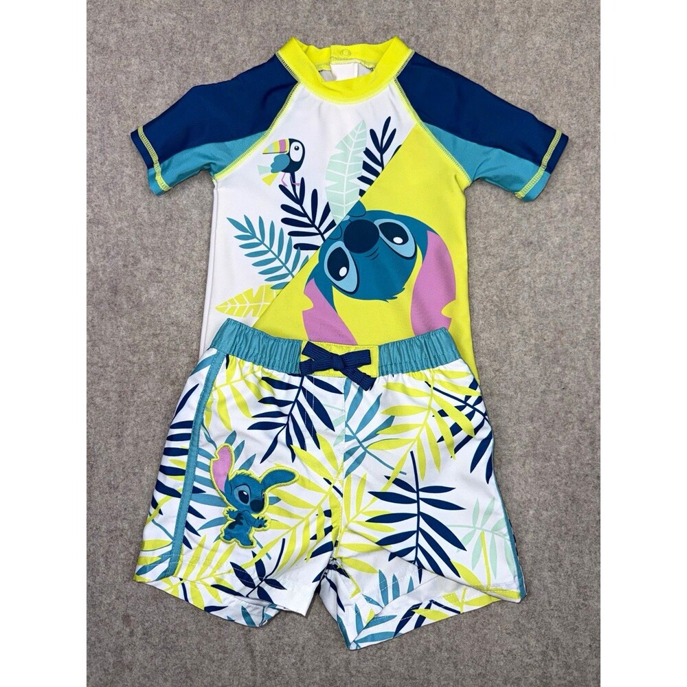 Disney Baby Stitch 9-12M 2pc Swim Set Rash Guard Swim Shirt Trunks Floral